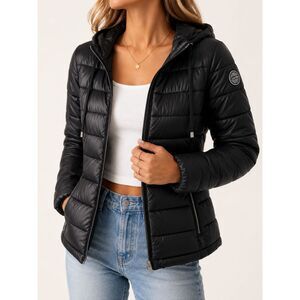 Calvin Klein Down Puffer Jacket XS Black Hooded Packable Lightweight Coat NWOT